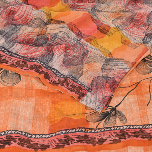 Sanskriti Vintage Sarees Orange Pure Crepe Silk Printed Sari 6yd Craft Sustainable Fabric