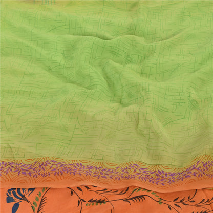Sanskriti Vintage Sarees Green/Orange Pure Crepe Silk Print Sari Craft Sustainable Fabric
