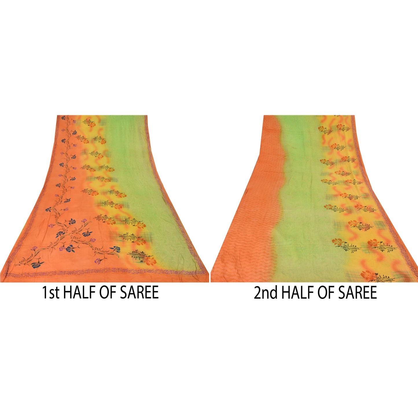 Sanskriti Vintage Sarees Green/Orange Pure Crepe Silk Print Sari Craft Sustainable Fabric