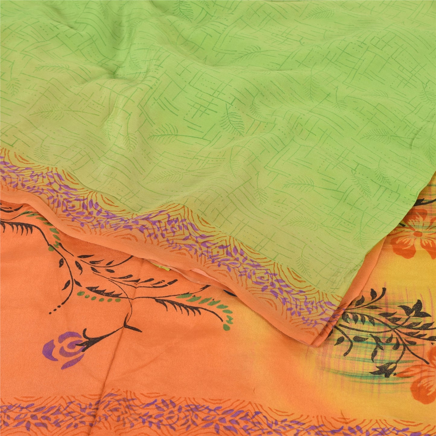 Sanskriti Vintage Sarees Green/Orange Pure Crepe Silk Print Sari Craft Sustainable Fabric