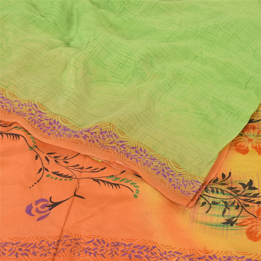 Sanskriti Vintage Sarees Green/Orange Pure Crepe Silk Print Sari Craft Sustainable Fabric