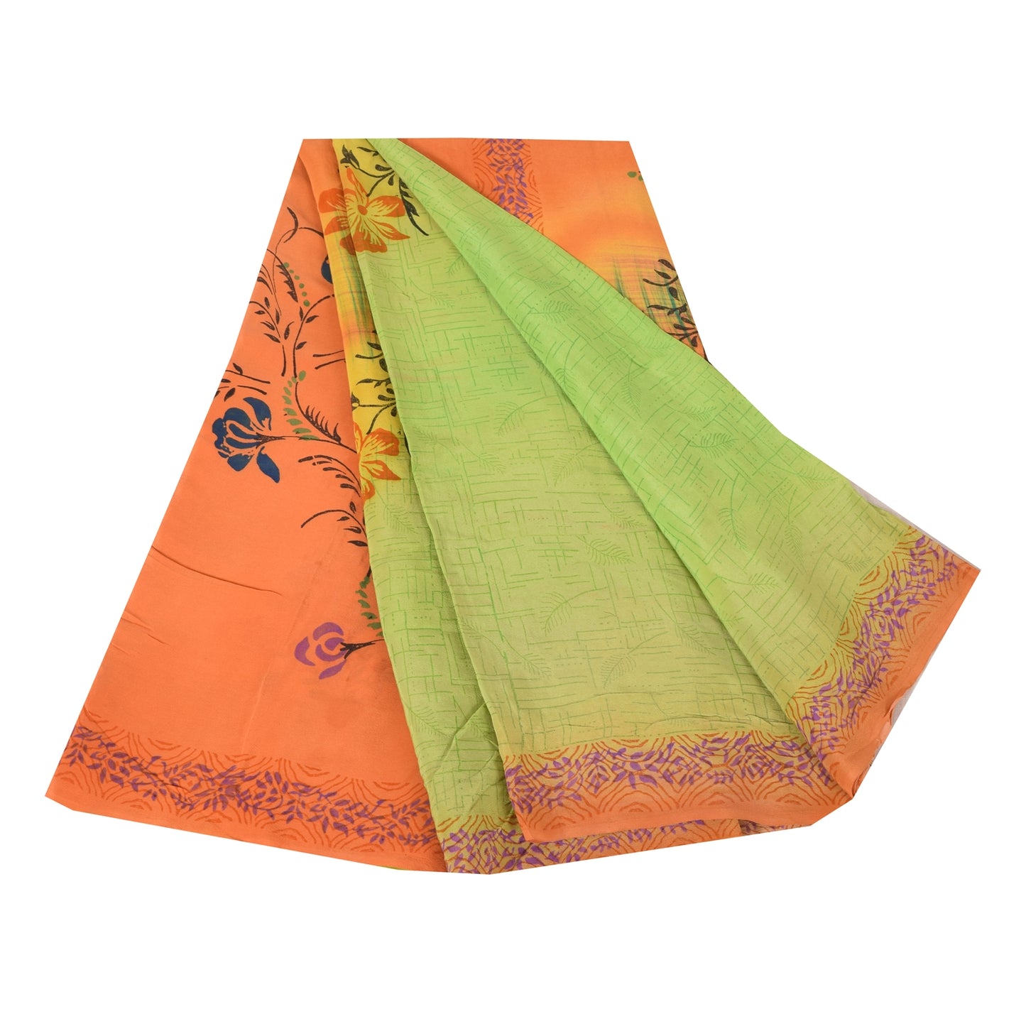 Sanskriti Vintage Sarees Green/Orange Pure Crepe Silk Print Sari Craft Sustainable Fabric