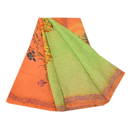 Sanskriti Vintage Sarees Green/Orange Pure Crepe Silk Print Sari Craft Sustainable Fabric