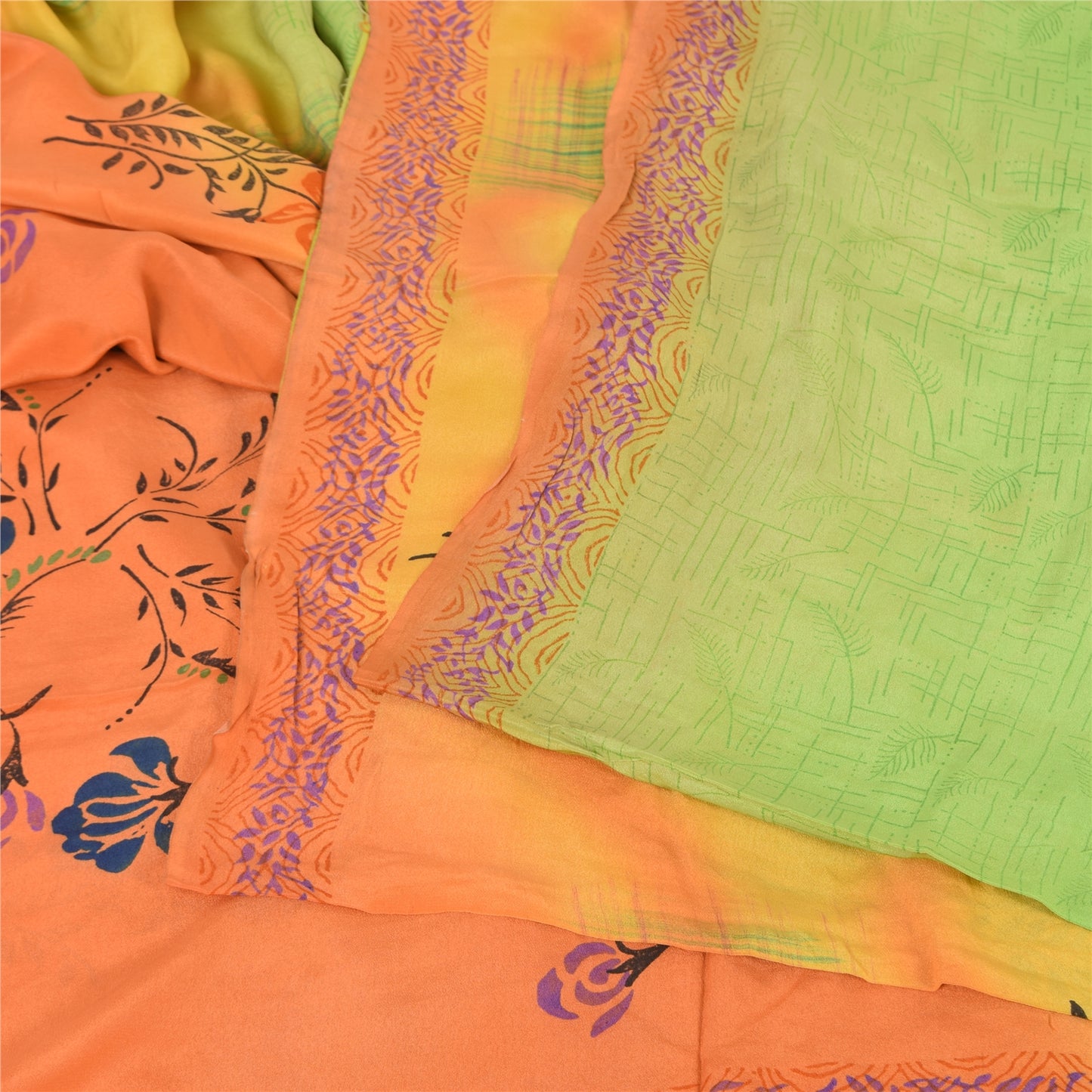 Sanskriti Vintage Sarees Green/Orange Pure Crepe Silk Print Sari Craft Sustainable Fabric