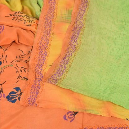 Sanskriti Vintage Sarees Green/Orange Pure Crepe Silk Print Sari Craft Sustainable Fabric