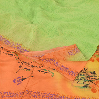 Sanskriti Vintage Sarees Green/Orange Pure Crepe Silk Print Sari Craft Sustainable Fabric