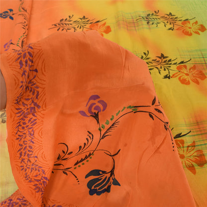 Sanskriti Vintage Sarees Green/Orange Pure Crepe Silk Print Sari Craft Sustainable Fabric