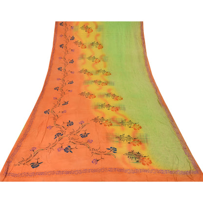 Sanskriti Vintage Sarees Green/Orange Pure Crepe Silk Print Sari Craft Sustainable Fabric