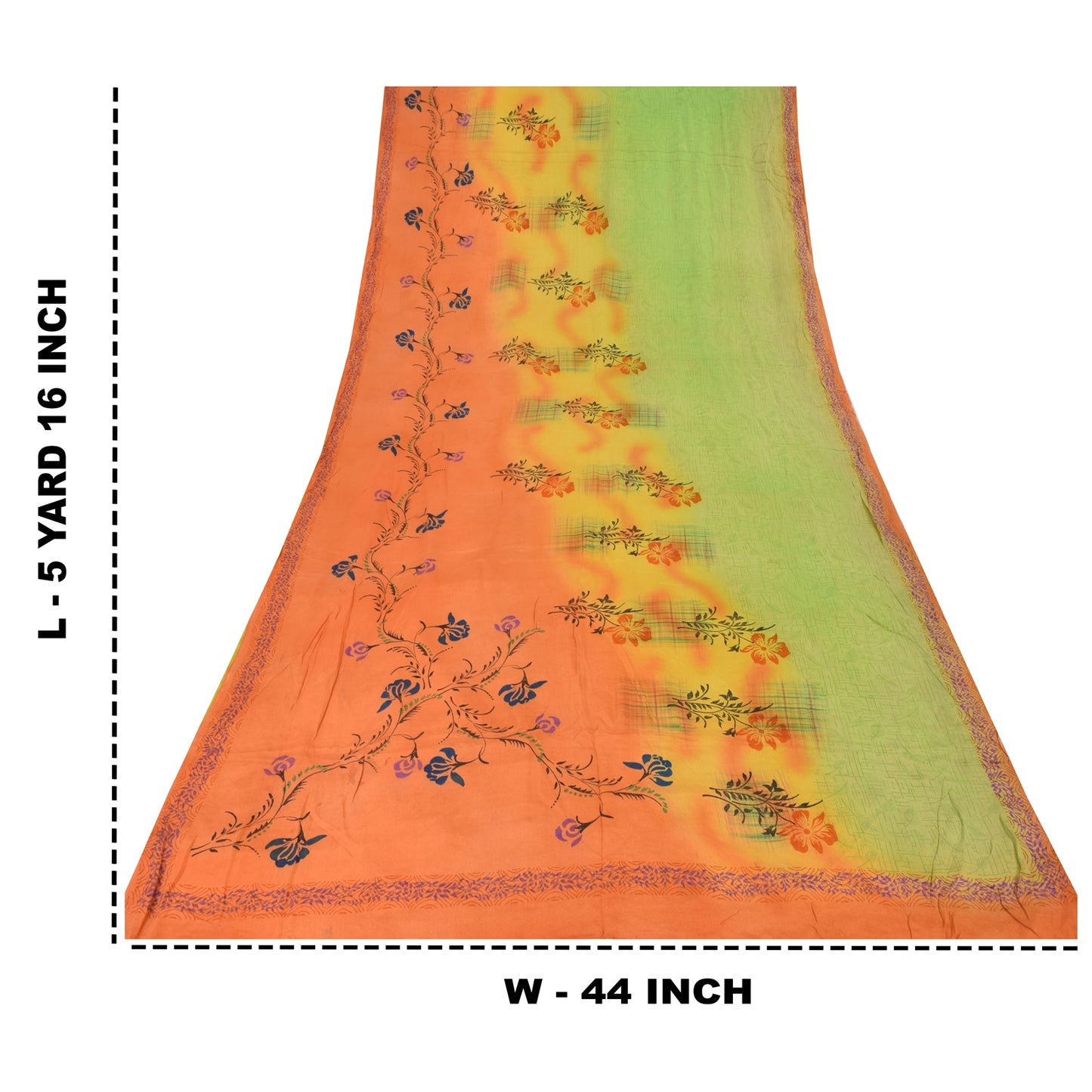 Sanskriti Vintage Sarees Green/Orange Pure Crepe Silk Print Sari Craft Sustainable Fabric
