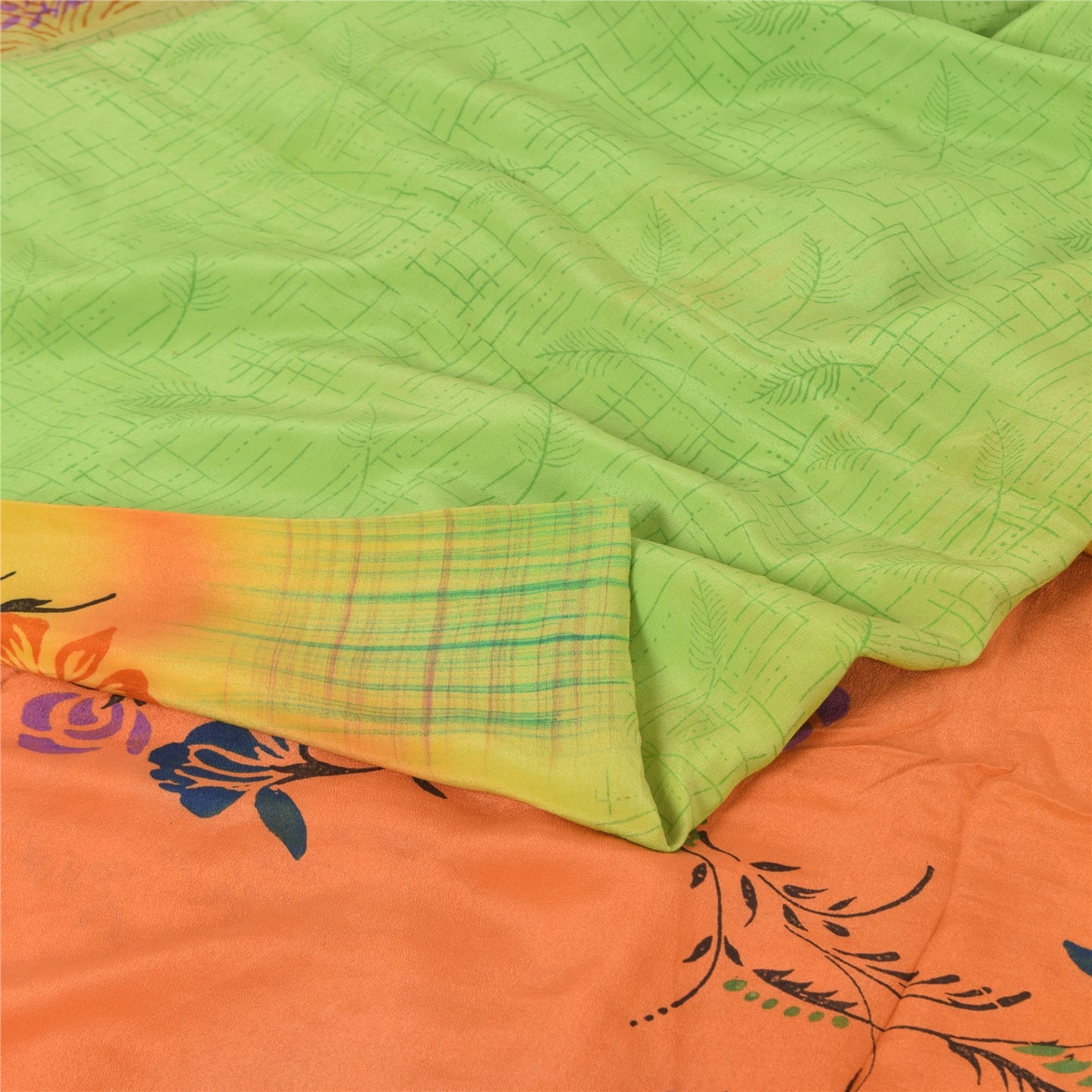 Sanskriti Vintage Sarees Green/Orange Pure Crepe Silk Print Sari Craft Sustainable Fabric