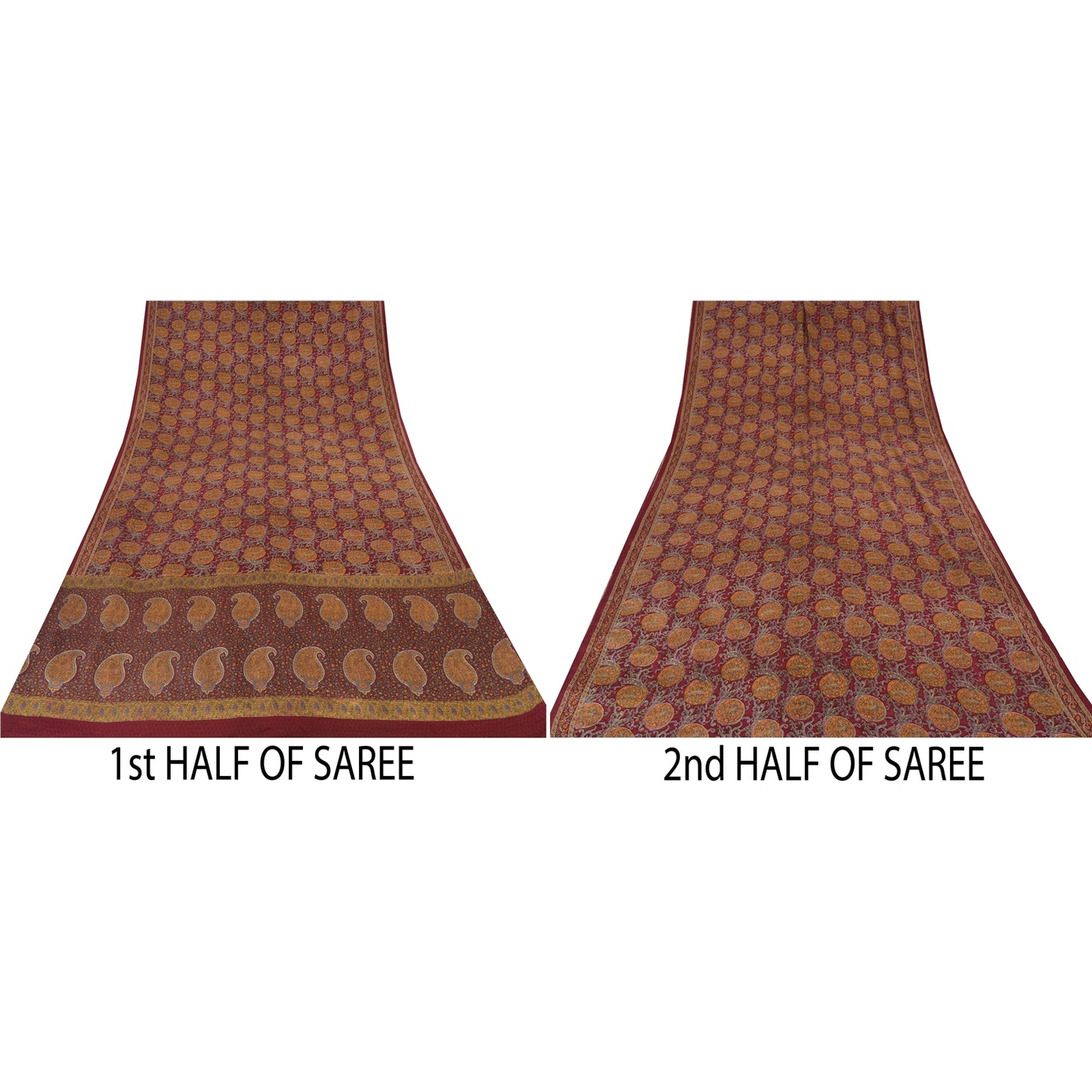 Sanskriti Vintage Sarees Dark Red Pure Crepe Silk Printed Sari 5yd Craft Sustainable Fabric