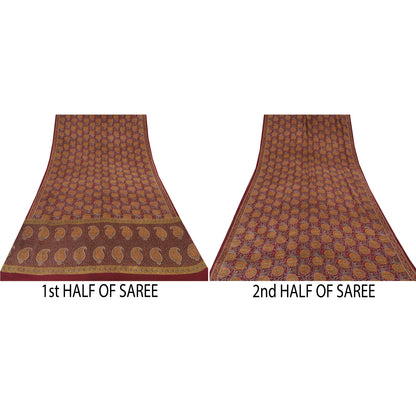 Sanskriti Vintage Sarees Dark Red Pure Crepe Silk Printed Sari 5yd Craft Sustainable Fabric