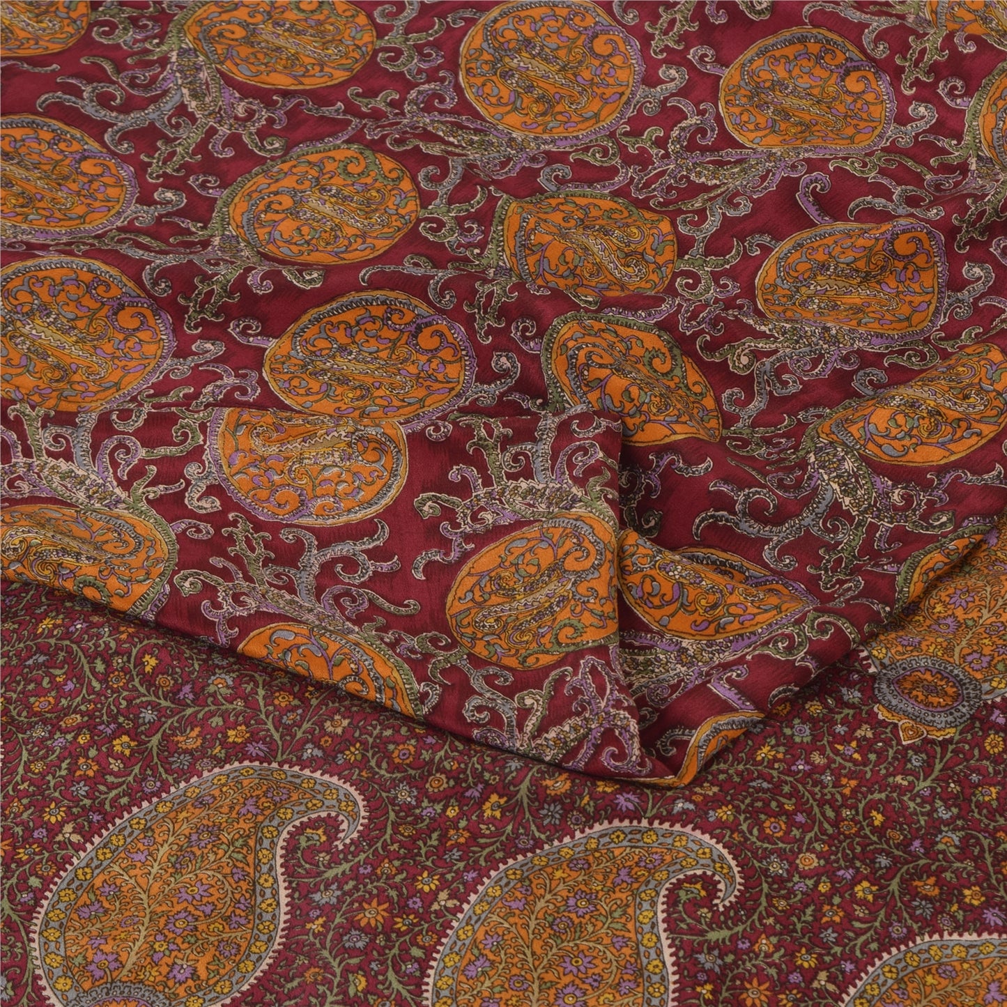 Sanskriti Vintage Sarees Dark Red Pure Crepe Silk Printed Sari 5yd Craft Sustainable Fabric