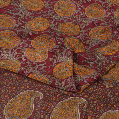 Sanskriti Vintage Sarees Dark Red Pure Crepe Silk Printed Sari 5yd Craft Sustainable Fabric