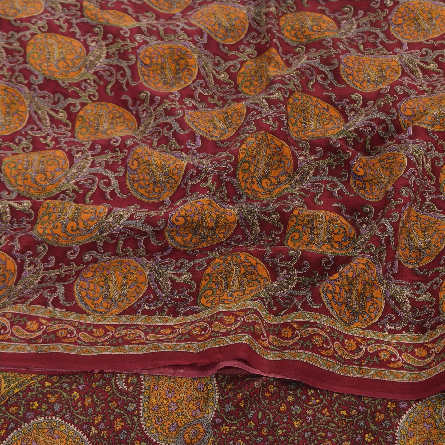 Sanskriti Vintage Sarees Dark Red Pure Crepe Silk Printed Sari 5yd Craft Sustainable Fabric