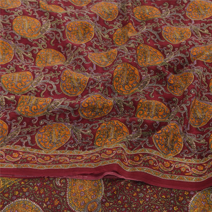 Sanskriti Vintage Sarees Dark Red Pure Crepe Silk Printed Sari 5yd Craft Sustainable Fabric