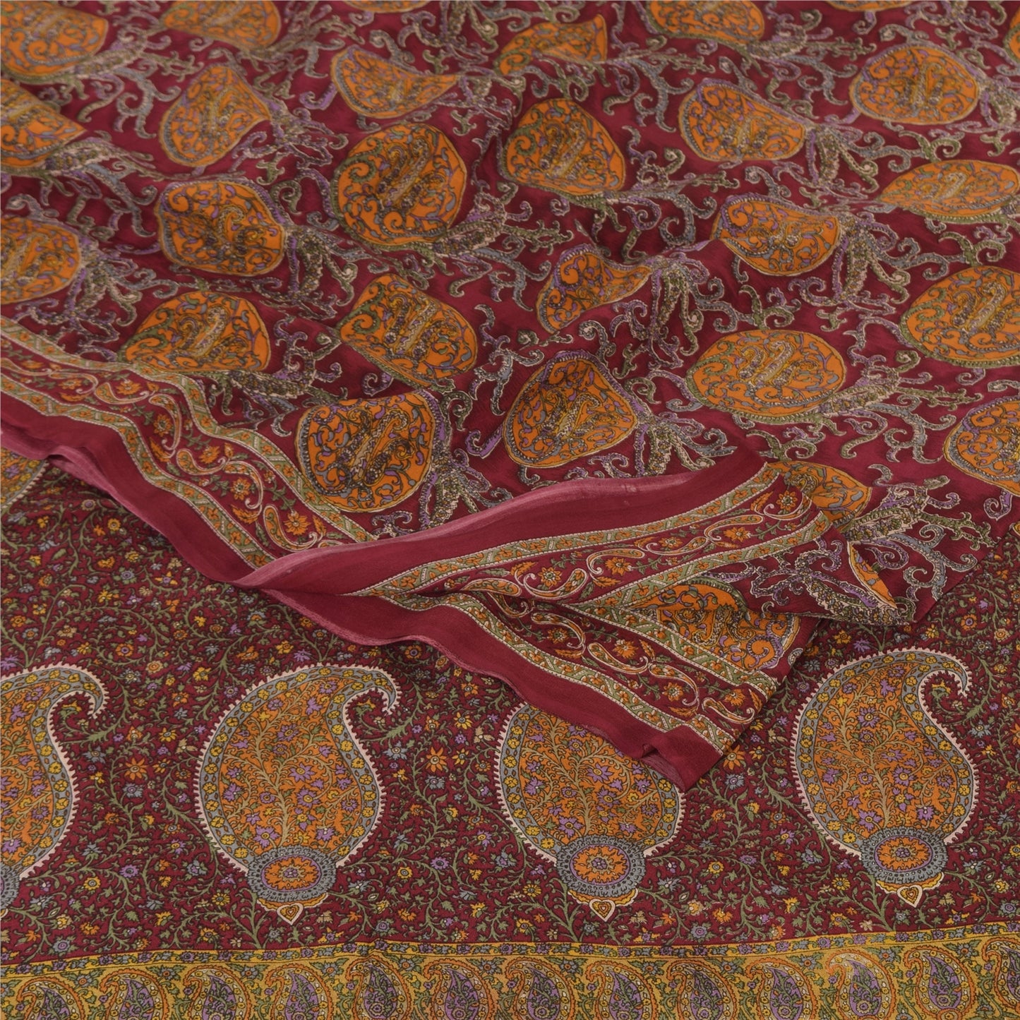 Sanskriti Vintage Sarees Dark Red Pure Crepe Silk Printed Sari 5yd Craft Sustainable Fabric