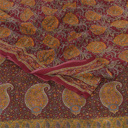 Sanskriti Vintage Sarees Dark Red Pure Crepe Silk Printed Sari 5yd Craft Sustainable Fabric