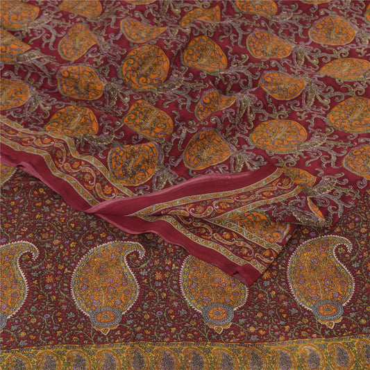Sanskriti Vintage Sarees Dark Red Pure Crepe Silk Printed Sari 5yd Craft Sustainable Fabric