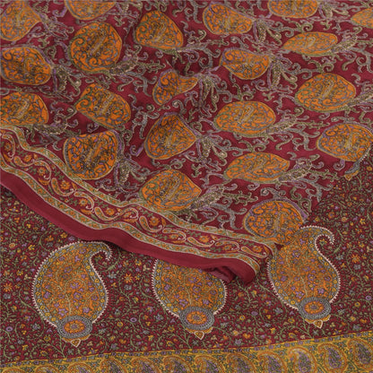 Sanskriti Vintage Sarees Dark Red Pure Crepe Silk Printed Sari 5yd Craft Sustainable Fabric
