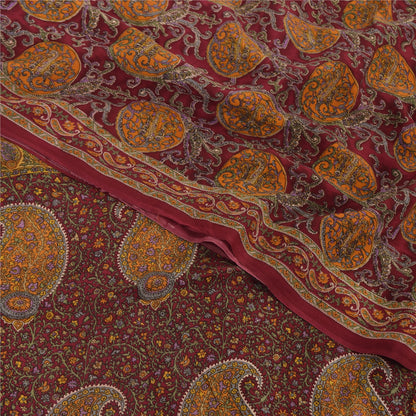 Sanskriti Vintage Sarees Dark Red Pure Crepe Silk Printed Sari 5yd Craft Sustainable Fabric
