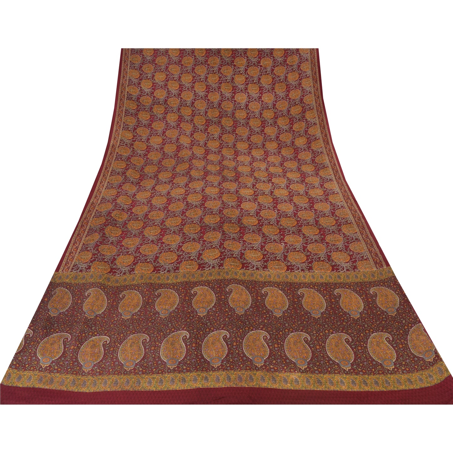 Sanskriti Vintage Sarees Dark Red Pure Crepe Silk Printed Sari 5yd Craft Sustainable Fabric