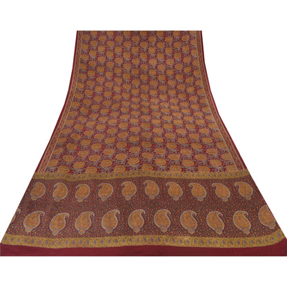 Sanskriti Vintage Sarees Dark Red Pure Crepe Silk Printed Sari 5yd Craft Sustainable Fabric