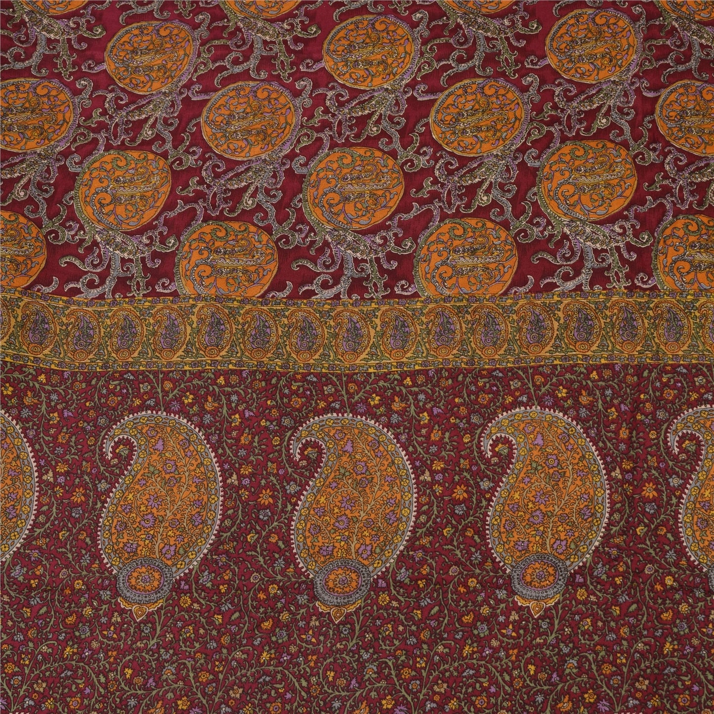 Sanskriti Vintage Sarees Dark Red Pure Crepe Silk Printed Sari 5yd Craft Sustainable Fabric