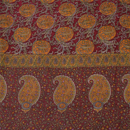 Sanskriti Vintage Sarees Dark Red Pure Crepe Silk Printed Sari 5yd Craft Sustainable Fabric
