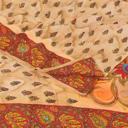 Sanskriti Vintage Sarees Peach Hand Beaded Pure Crepe Silk Print Sari 5yd Sustainable Fabric