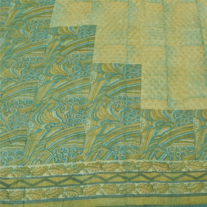 Sanskriti Vintage Sarees Yellow/Green Pure Crepe Silk Printed Sari 5yd Sustainable Fabric