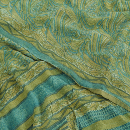 Sanskriti Vintage Sarees Yellow/Green Pure Crepe Silk Printed Sari 5yd Sustainable Fabric