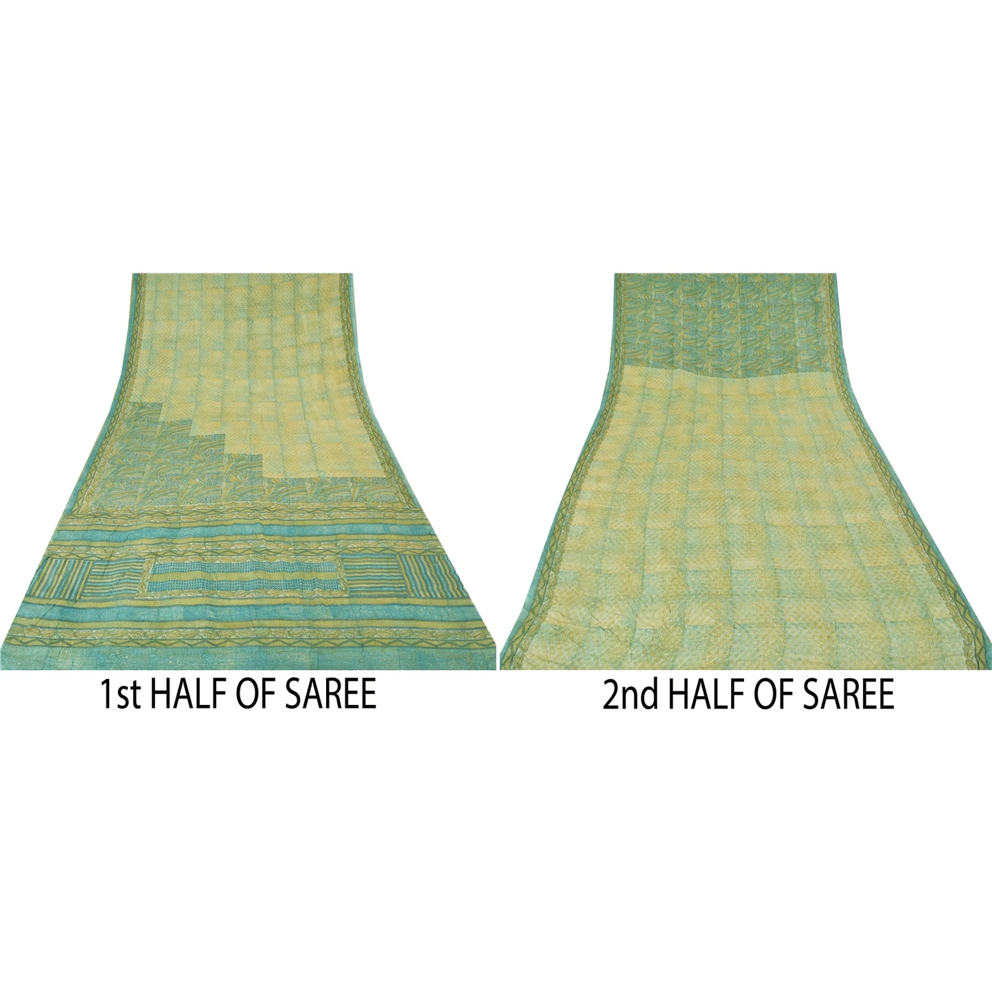 Sanskriti Vintage Sarees Yellow/Green Pure Crepe Silk Printed Sari 5yd Sustainable Fabric