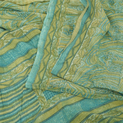 Sanskriti Vintage Sarees Yellow/Green Pure Crepe Silk Printed Sari 5yd Sustainable Fabric