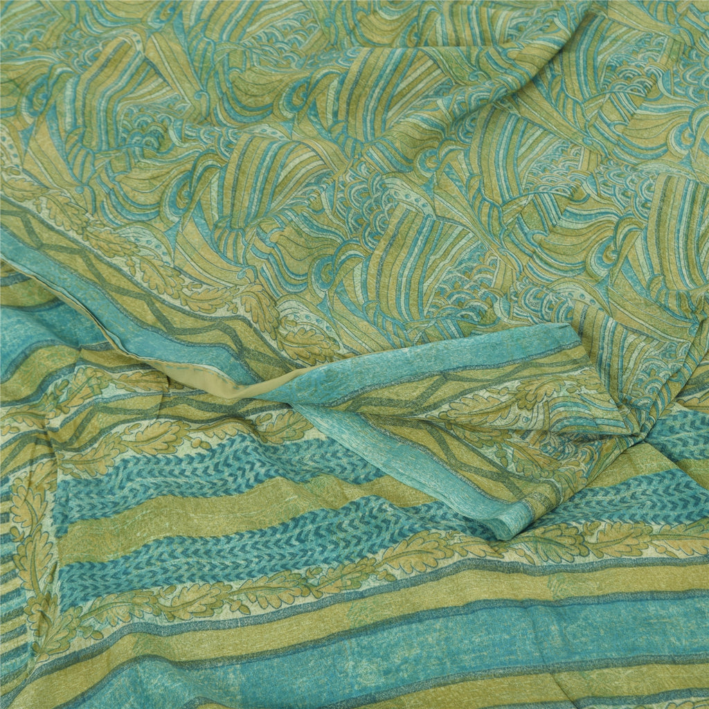 Sanskriti Vintage Sarees Yellow/Green Pure Crepe Silk Printed Sari 5yd Sustainable Fabric