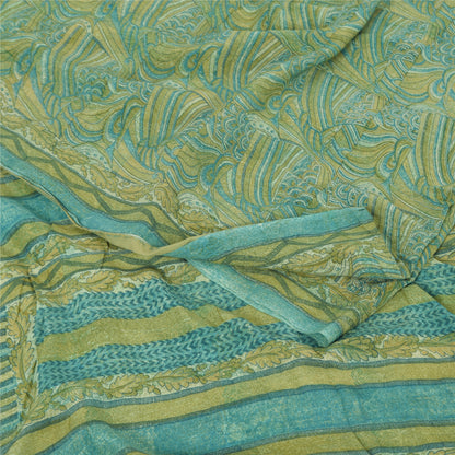 Sanskriti Vintage Sarees Yellow/Green Pure Crepe Silk Printed Sari 5yd Sustainable Fabric