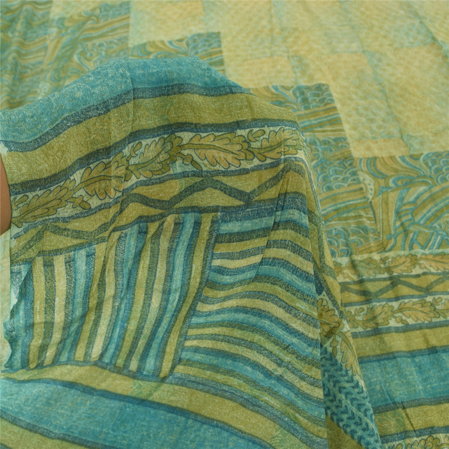 Sanskriti Vintage Sarees Yellow/Green Pure Crepe Silk Printed Sari 5yd Sustainable Fabric