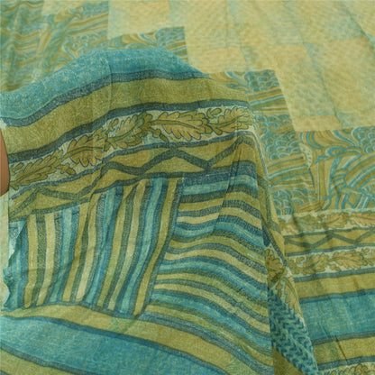 Sanskriti Vintage Sarees Yellow/Green Pure Crepe Silk Printed Sari 5yd Sustainable Fabric