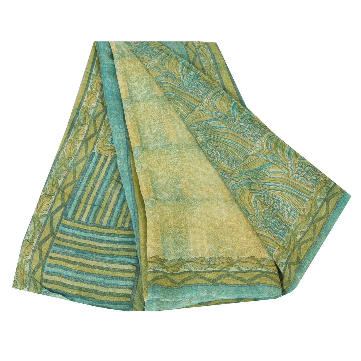Sanskriti Vintage Sarees Yellow/Green Pure Crepe Silk Printed Sari 5yd Sustainable Fabric