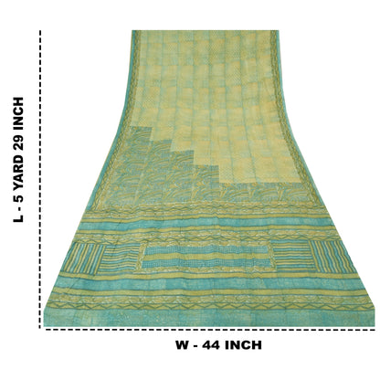 Sanskriti Vintage Sarees Yellow/Green Pure Crepe Silk Printed Sari 5yd Sustainable Fabric