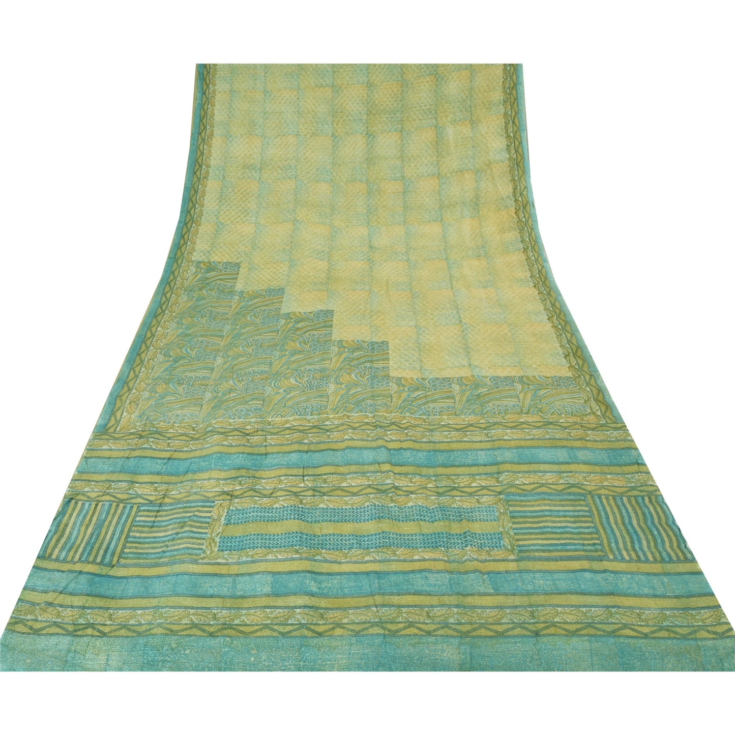Sanskriti Vintage Sarees Yellow/Green Pure Crepe Silk Printed Sari 5yd Sustainable Fabric