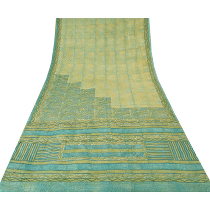 Sanskriti Vintage Sarees Yellow/Green Pure Crepe Silk Printed Sari 5yd Sustainable Fabric