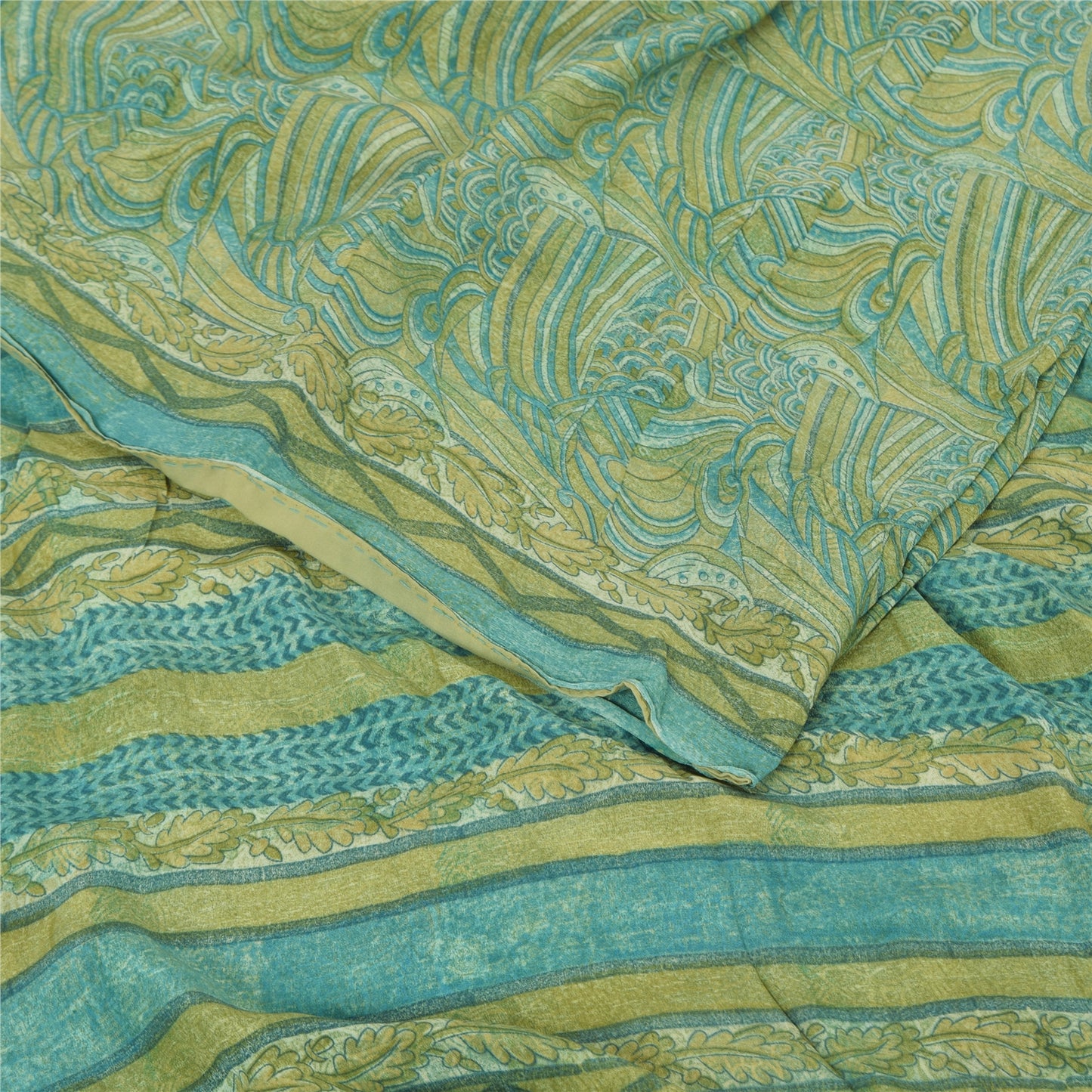 Sanskriti Vintage Sarees Yellow/Green Pure Crepe Silk Printed Sari 5yd Sustainable Fabric