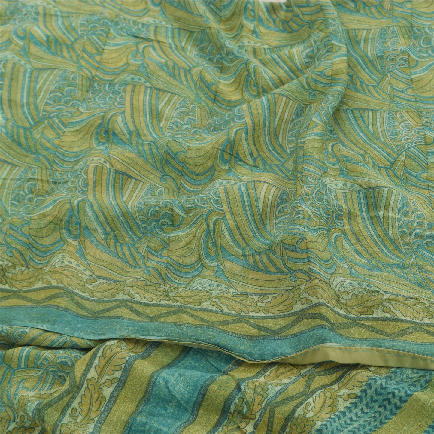 Sanskriti Vintage Sarees Yellow/Green Pure Crepe Silk Printed Sari 5yd Sustainable Fabric