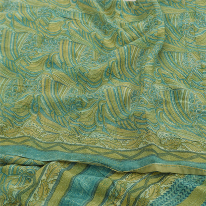 Sanskriti Vintage Sarees Yellow/Green Pure Crepe Silk Printed Sari 5yd Sustainable Fabric