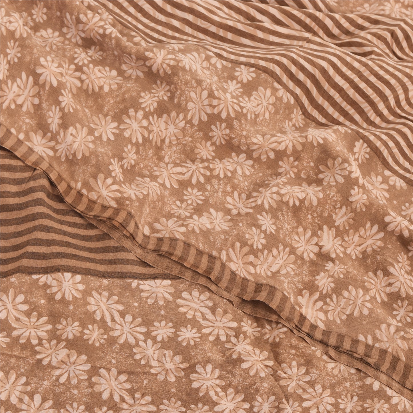 Sanskriti Vintage Sarees Brown Pure Crepe Silk Printed Sari 5yd Craft Sustainable Fabric