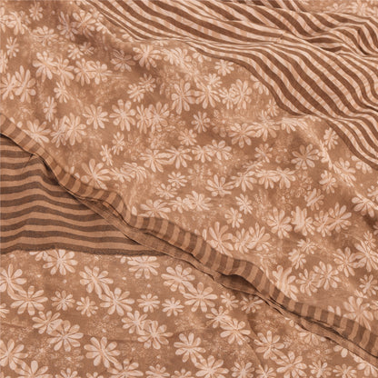 Sanskriti Vintage Sarees Brown Pure Crepe Silk Printed Sari 5yd Craft Sustainable Fabric