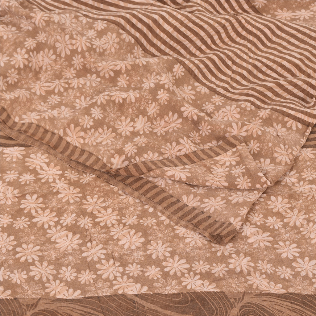 Sanskriti Vintage Sarees Brown Pure Crepe Silk Printed Sari 5yd Craft Sustainable Fabric