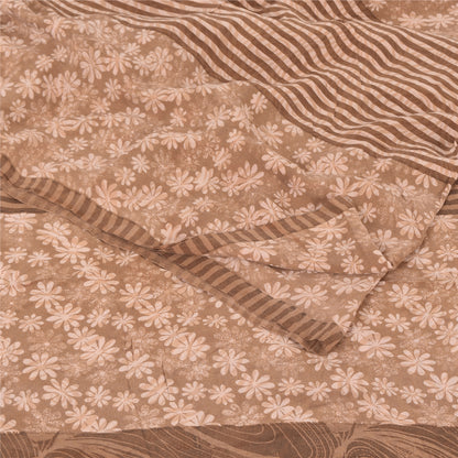 Sanskriti Vintage Sarees Brown Pure Crepe Silk Printed Sari 5yd Craft Sustainable Fabric