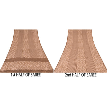 Sanskriti Vintage Sarees Brown Pure Crepe Silk Printed Sari 5yd Craft Sustainable Fabric